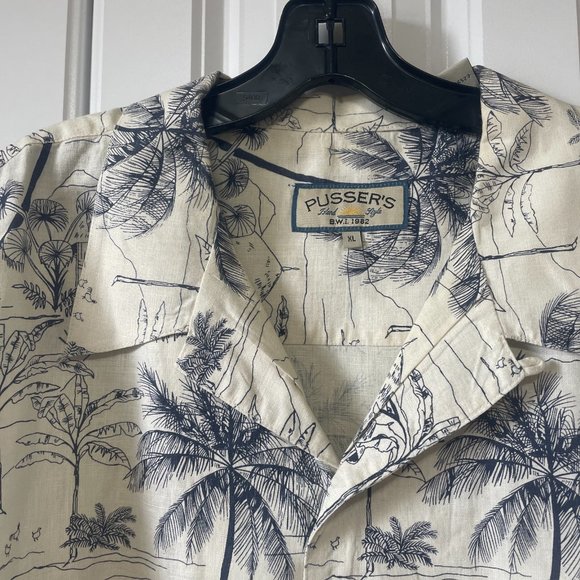 Pusser's Linen Light Beige Black Hawaiian Print Short Sleeved Button Up Shirt XL - Picture 4 of 10